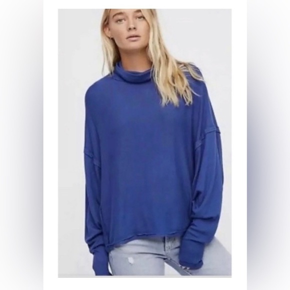 We The Free People Alameda Oversized Slouchy Super Soft Turtleneck Top Blue - Picture 1 of 16